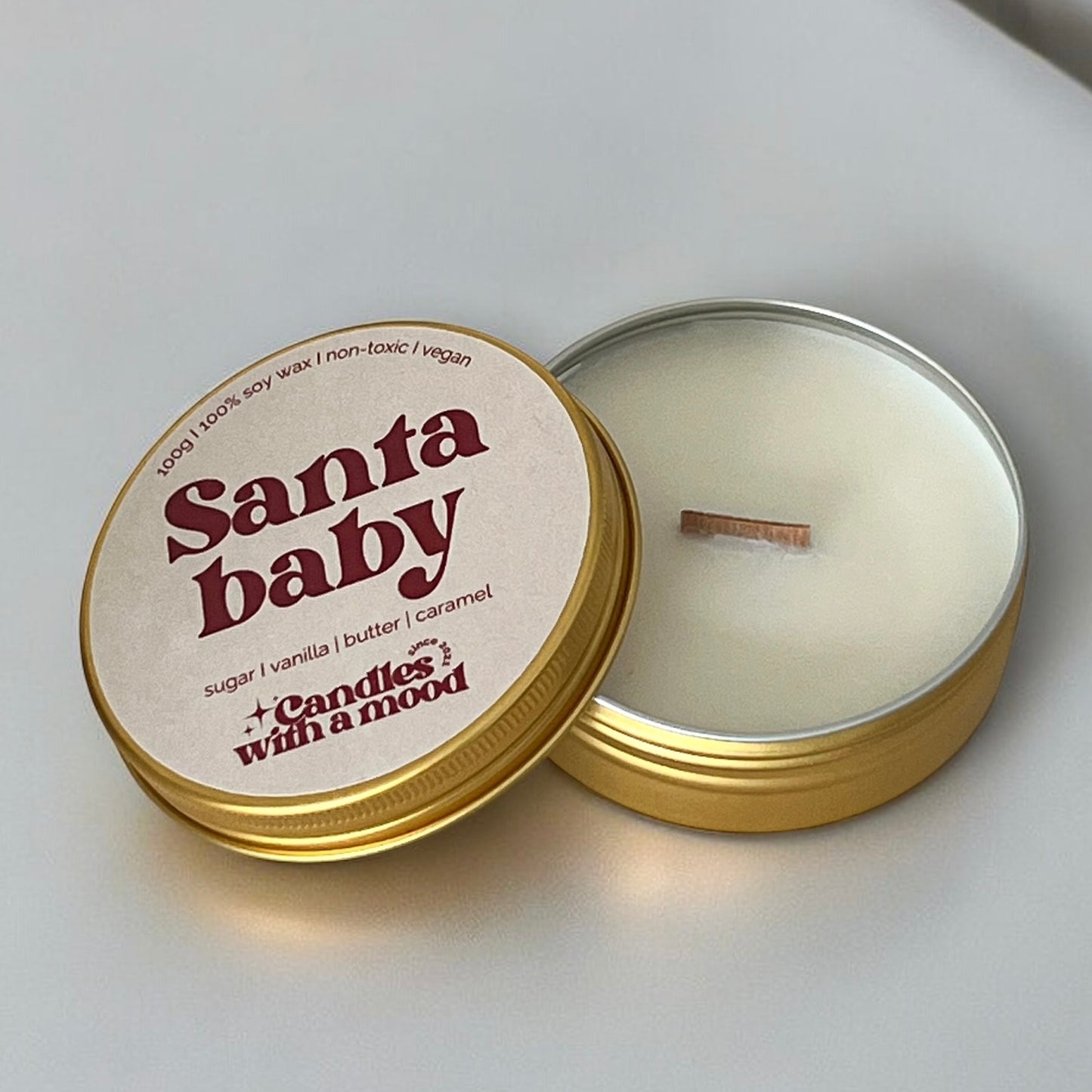 Lumânare parfumată din ceară de soia SANTA BABY sugar - vanilla - butter - caramel 100g
